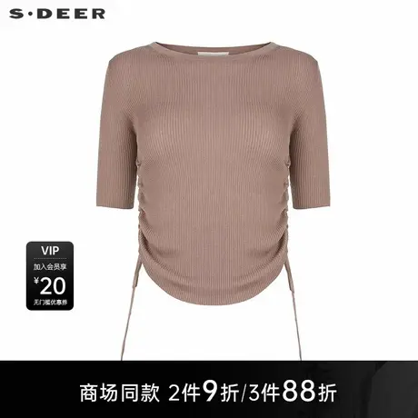 【商场同款】sdeer圣迪奥女罗纹圆领系带抽褶修身针织衫S25283516图片