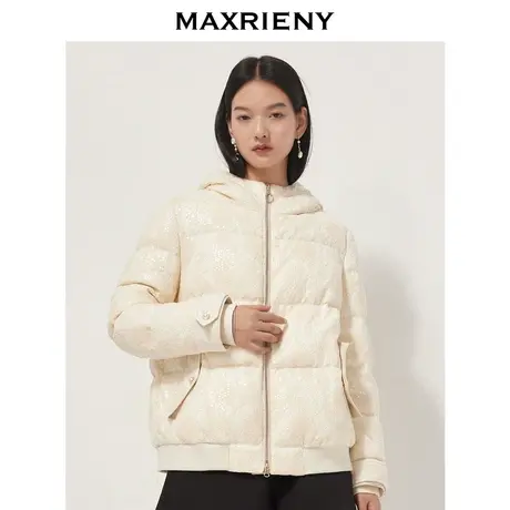 MAXRIENY白鸭绒珠片蕾丝外套冬季连帽收腰羽绒服短款洋气商品大图