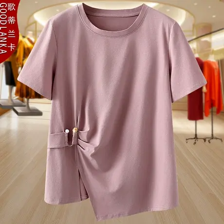 夏季大码女装不规则纯棉上衣宽松显瘦时尚年轻妈妈纯色短袖T恤女商品大图