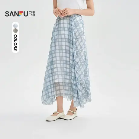 三福长裙2025夏季不规则裙摆格子宽松半身裙女装505614商品大图