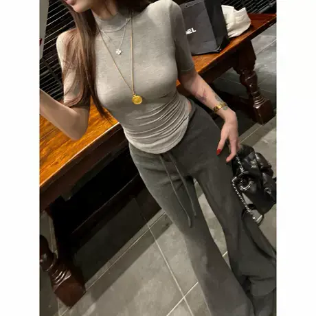 现货 东大门白色半高领薄纱半袖T恤韩系辣妹胸大腰细修身显瘦收腰图片