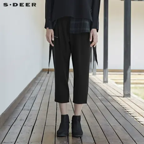 sdeer圣迪奥秋冬休闲字母宽松口袋直筒黑色九分裤女S19460807图片