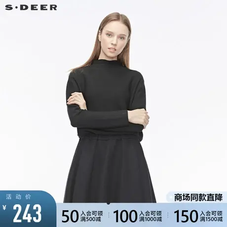 sdeer圣迪奥冬季休闲半高领弧形下摆黑色针织衫毛衣女S194835L5图片