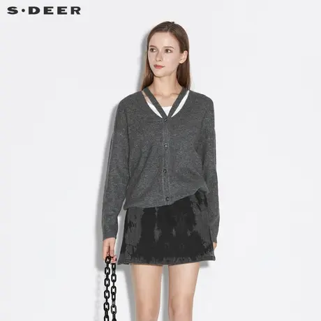 sdeer圣迪奥女装女装春秋装休闲V领长袖针织两件套S21383523图片
