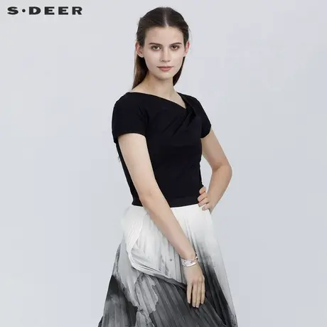 sdeer圣迪奥时尚不规则领黑色短袖T恤S21280178图片