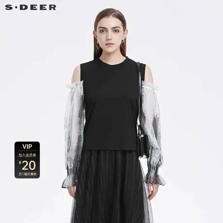 S·DEER圣迪奥女装罗纹圆领露肩抽褶晕染撞色长袖T恤S22280204图片