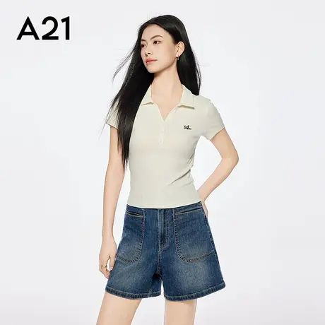A21女装米杏色半开翻领T恤简约纯色修身显瘦短袖上衣百搭甜酷图片