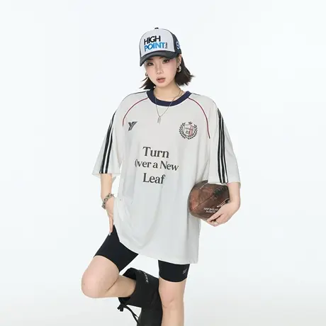 2025夏季新款三道杠宽松印花短袖T恤男女同款潮酷运动风半袖上衣图片