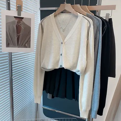 烫钻v领针织开衫女2025春秋新款宽松外搭上衣镂空外穿毛衣外套潮商品大图