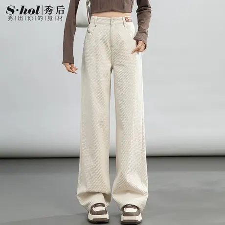 秀后2024年春季新款提花牛仔裤女米白色高腰创意皮标宽松阔腿长裤商品大图