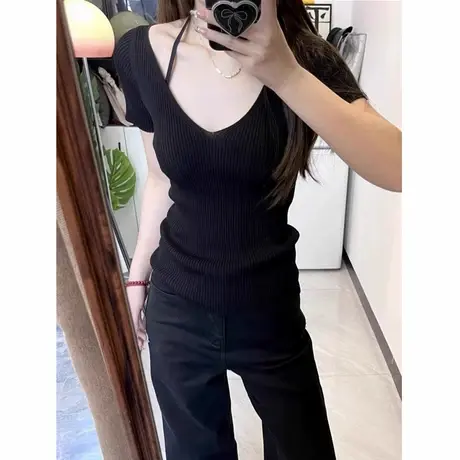 黑色v领针织衫正肩短袖t恤女2025新款夏季设计感小众修身辣妹上衣商品大图