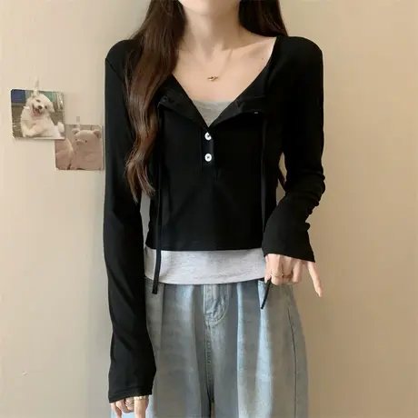 辣妹甜飒风假两件长袖T恤女秋装修身显瘦韩版短款小衫V领正肩上衣商品大图