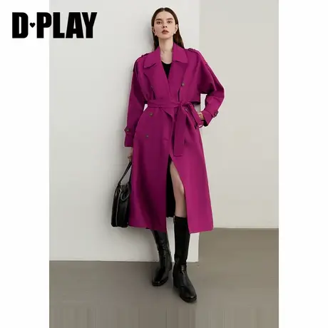 DPLAY【黑标】年冬季新款玫红色洋气长款风衣御姐风气质外套商品大图