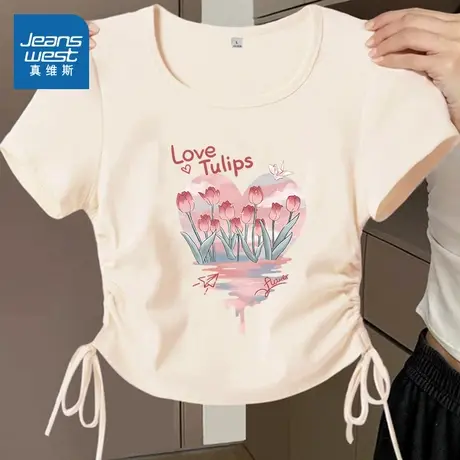 KMV真维斯杏色短袖t恤女2025新款夏季小个子短款圆领上衣正肩体恤商品大图