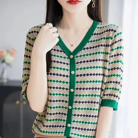 撞色条纹冰丝针织短袖开衫女T恤夏2025轻薄显瘦凉爽洋气小衫上衣商品大图