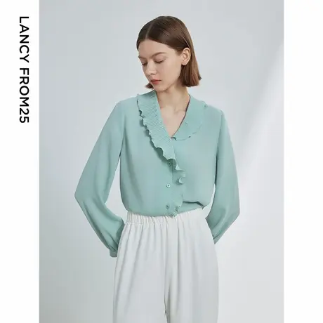 朗姿v领荷叶边设计感上衣衬衣女2024春季通勤高级感气质长袖衬衫商品大图