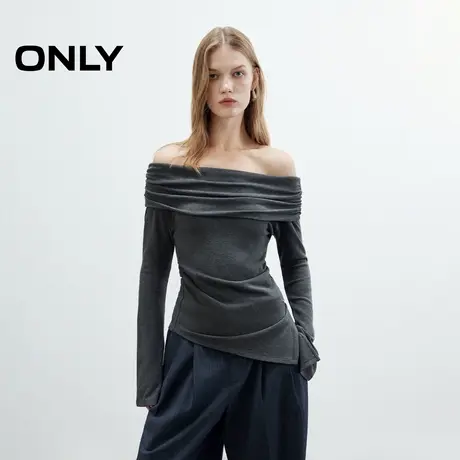 ONLY2025夏季新款优雅一字肩褶皱不规则底摆上衣长袖纯色T恤女商品大图