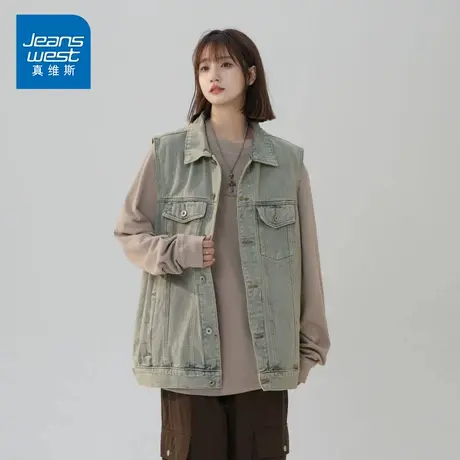 KP真维斯复古做旧黄泥牛仔马甲外套潮牌工装无袖背心叠穿马甲外套图片