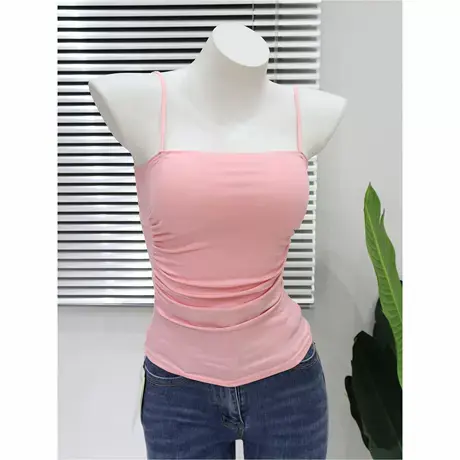收腰褶皱性感带胸垫背心吊带女夏季新款修身显瘦露背超弹无袖上衣图片