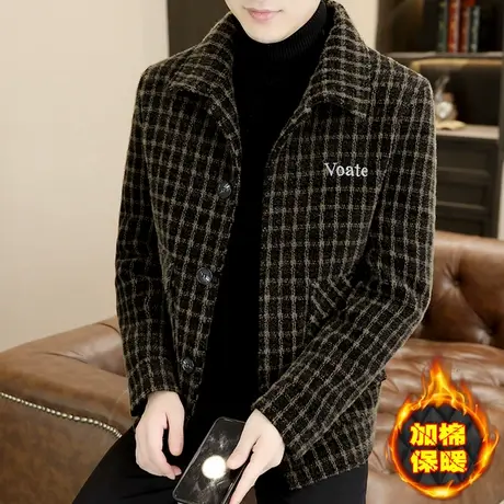 加棉格子夹克男士高端秋冬季休闲大衣金貂绒外套轻熟加厚毛呢男装图片