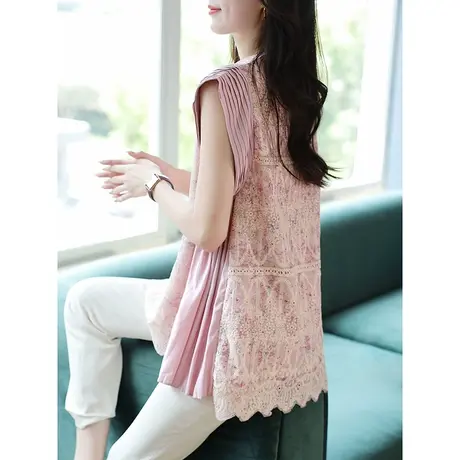 宝诗黎圆领百褶拼接刺绣雪纺衫2025夏季新款小众无袖印花上衣女装商品大图