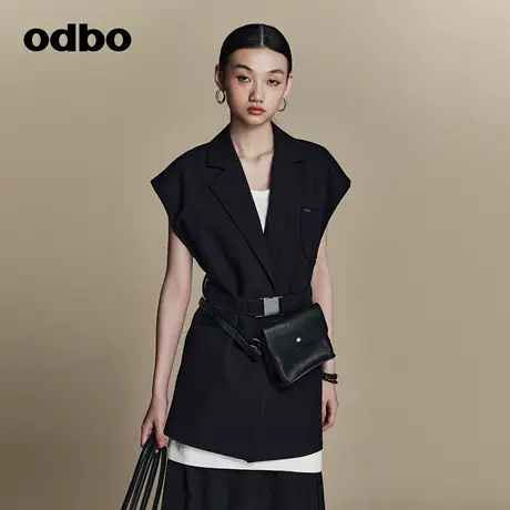 odbo 收腰中长西装领马夹女春装新款设计感小众腰带黑色上衣潮牌图片