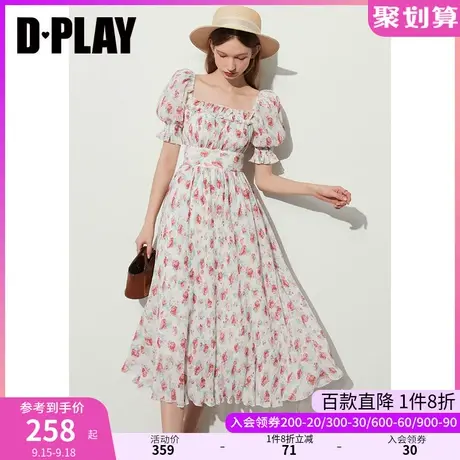 DPLAY2023夏新度假风粉雾玫瑰园印花裙方领泡泡袖收腰连衣裙商品大图