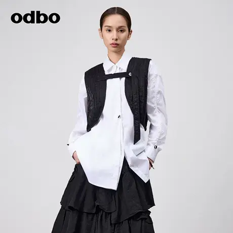 odbo/欧迪比欧复古气质港风亮面压褶黑色马夹女春季新款外搭马甲商品大图