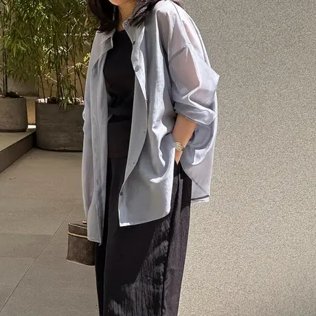 新款长袖薄款衬衫女中长款韩版宽松大码蝙蝠袖百搭休闲防晒衬衣潮商品大图