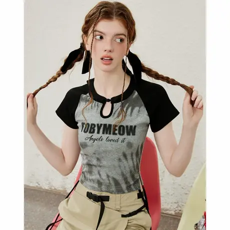 a02【新中式穿搭】辣妹短款国潮晕染修身绑带女式T恤夏修身图片