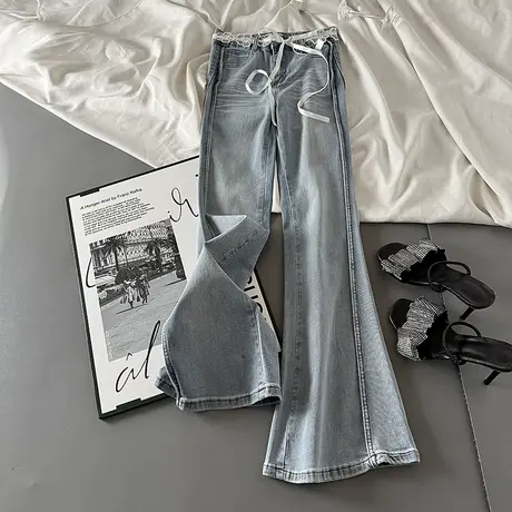 蕾丝系带设计高腰弹力牛仔微喇裤女辣妹显瘦提臀修身喇叭长裤子潮商品大图