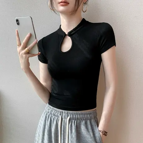 歌倍尚新中式镂空设计感短袖t恤女修身显瘦短款别致正肩内搭内衣图片