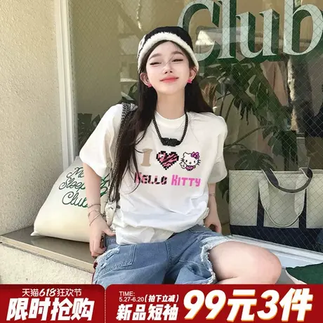 夏季新款甜酷风y2k凯蒂猫白色短袖t恤女宽松辣妹显瘦正肩半袖上衣图片