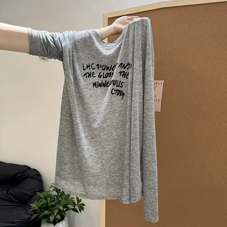 薄款微透字母印花长袖空调罩衫女夏季宽松韩版外穿防晒衫上衣T恤图片