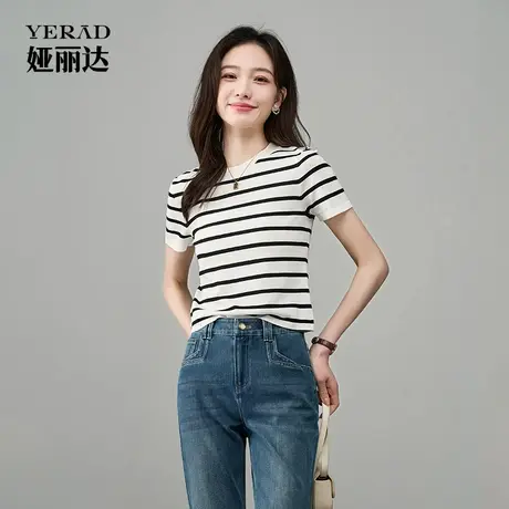 娅丽达呼吸衫航海系透气条纹t恤女针织短袖夏季新款短款内搭打底图片