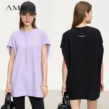 Amii2025夏新款冰感速干防紫外线抽绳连袖T恤女宽松显瘦中长上衣图片