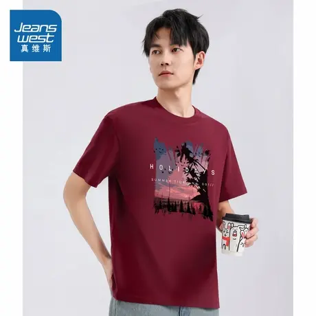 TM真维斯男女同款休闲上衣2025春季新款男式纯棉T恤酒红内搭短袖商品大图