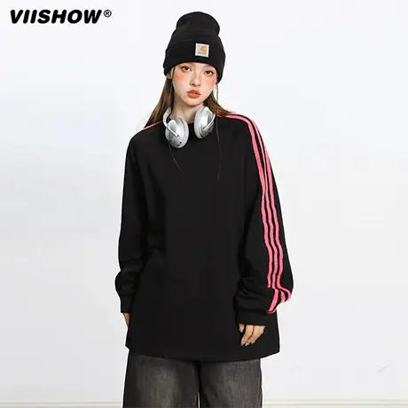 VIISHOW复古潮牌撞色条纹圆领长袖T恤男2025春秋宽松情侣百搭体恤图片