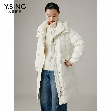 【直播】白色连帽羽绒服女冬季新款中长款宽松防风收腰外套商品大图