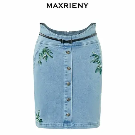 【奥莱】MAXRIENY竹叶提花牛仔半裙修身显瘦裙子图片