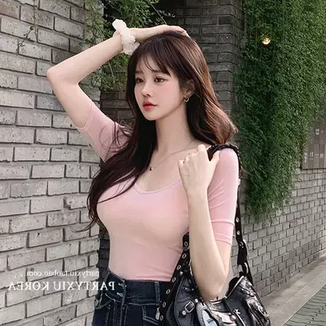 现货~韩国东大门简约穿搭修身显瘦纯色V领短袖T恤12645图片
