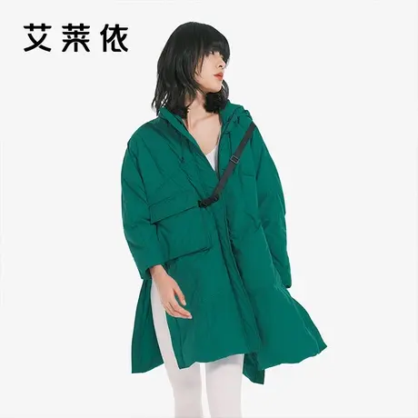 艾莱依反季羽绒服女爆款中长款鹅绒时尚连帽高级感炸街开叉厚外套图片