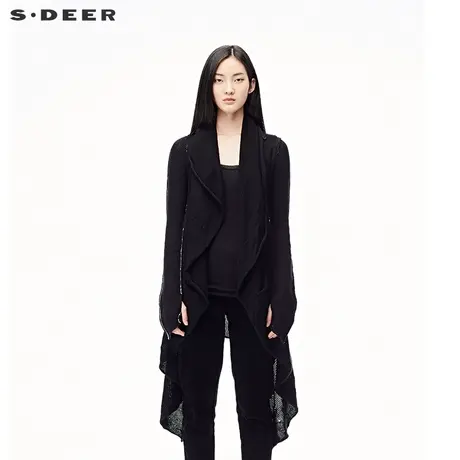 sdeer圣迪奥2019春装酷黑撞色线迹粗针连帽针织开衫女装S17383534图片