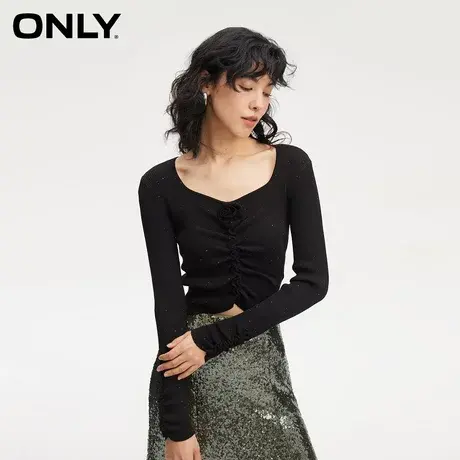ONLY奥莱夏季复古百搭抽褶设计立体玫瑰花针织衫女图片