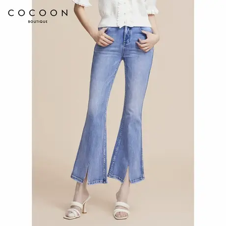 可可尼COCOON商场同款2024夏季新品高品质水洗磨白开叉喇叭牛仔裤图片