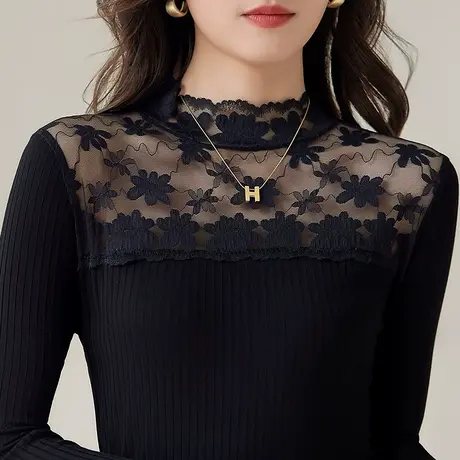 五公主半高领蕾丝打底衫女秋冬新款妈妈装时尚小衫洋气黑色上衣薄图片