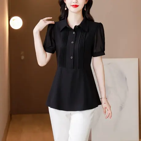 高级感气质黑色衬衣女夏季2025年新款洋气妈妈上衣短袖雪纺衬衫女商品大图