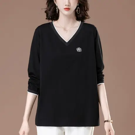V领长袖打底衫女春秋新款宽松加肥加大码女装中年妈妈休闲T恤上衣图片