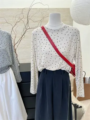 2024夏季新时尚圆领波点打底衫女宽松亲肤薄款长袖T恤女防晒上衣商品大图