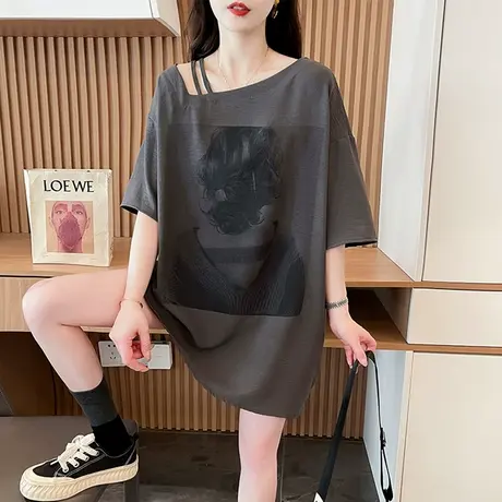 一字领露肩短袖t恤女2025新款夏季韩版宽松大码中长款性感上衣服图片